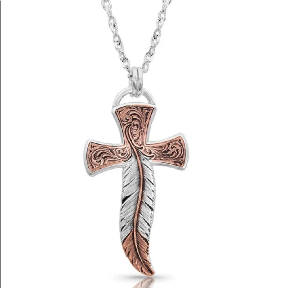 NIB Montana Silversmiths Wind Dancer Feather Cross Necklace